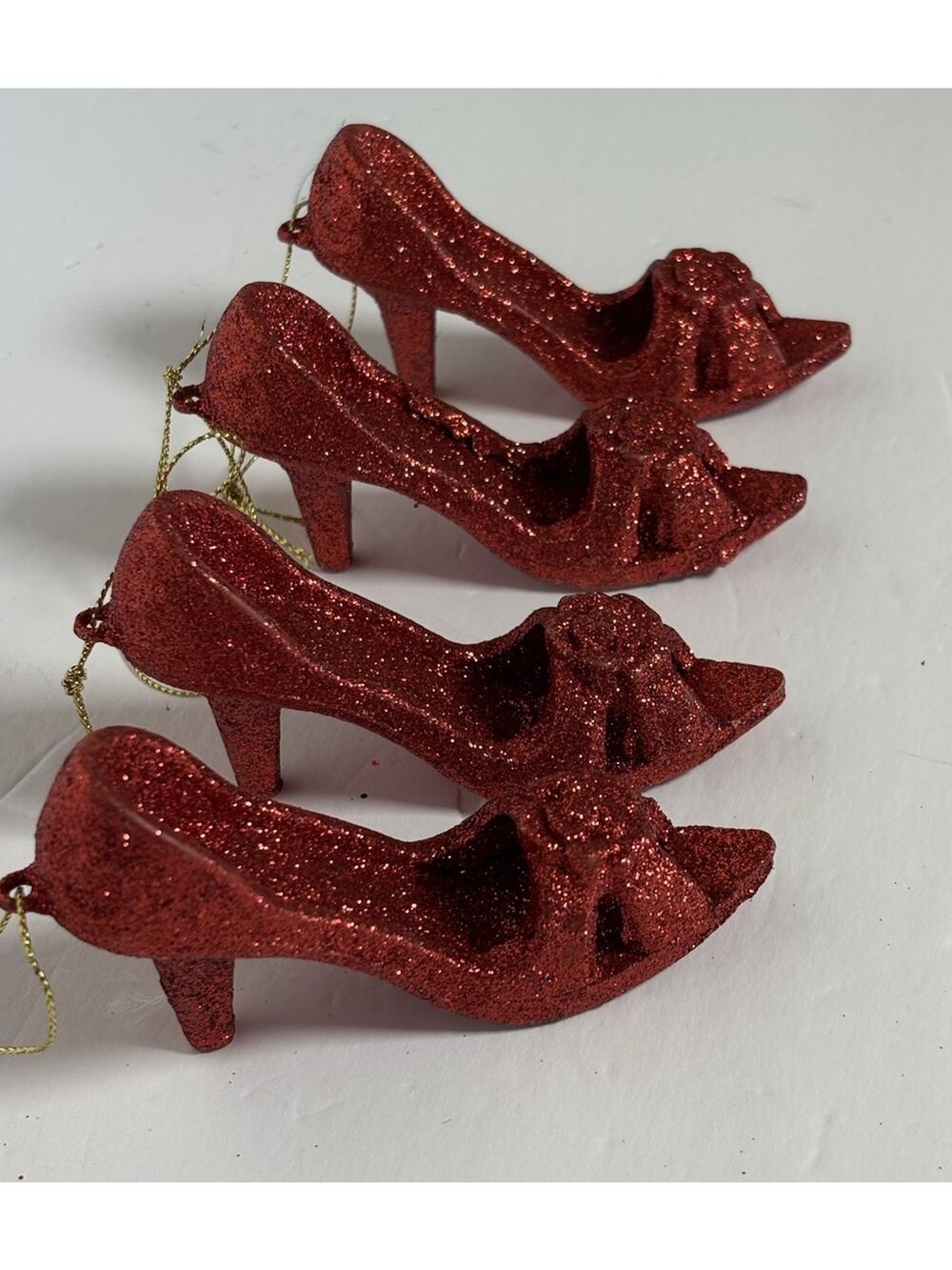 Lot of 4 Christmas Tree Ornament Red Glitter High Heel Shoe